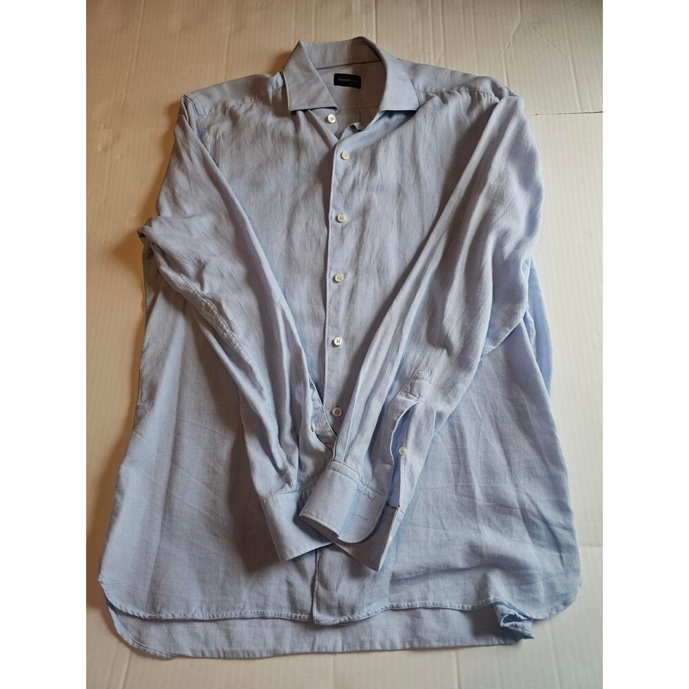 Ermenegildo Zegna Mens Large Blue Long Sleeve Button Up Shirt Made Turkey